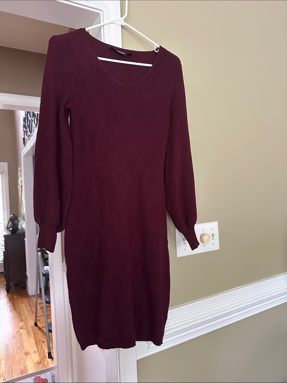 V-Neck Long Sleeve Knit Dress - Burgundy